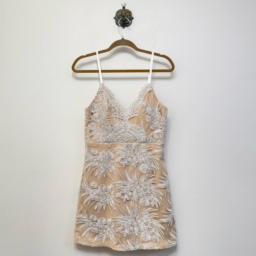 Lulus Charming You White and Nude Floral Embroidered Mini Dress Women's Size Med